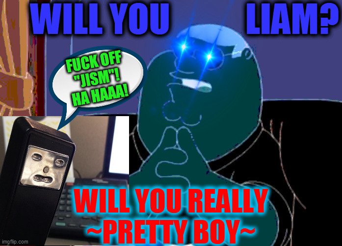 WILL YOU           LIAM? WILL YOU REALLY
~PRETTY BOY~ FUCK OFF
"JISM"!
HA HAAA! | made w/ Imgflip meme maker