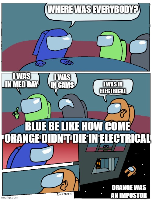 Among Us Meeting | WHERE WAS EVERYBODY? I WAS IN MED BAY; I WAS IN CAMS; I WAS IN ELECTRICAL; BLUE BE LIKE HOW COME ORANGE DIDN'T DIE IN ELECTRICAL; ORANGE WAS AN IMPOSTOR | image tagged in among us meeting,among us,emergency meeting among us,gaming | made w/ Imgflip meme maker