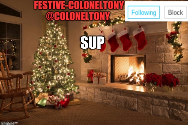 Festive ColonelTony Ancoument | SUP | image tagged in festive coloneltony ancoument | made w/ Imgflip meme maker