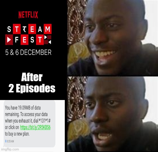 Netflix Stream Fest |  After 2 Episodes | image tagged in black guy happy sad,netflix,netflix and chill | made w/ Imgflip meme maker
