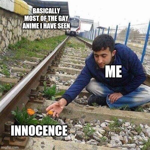 True though - | BASICALLY MOST OF THE GAY ANIME I HAVE SEEN; ME; INNOCENCE | image tagged in flower train man | made w/ Imgflip meme maker