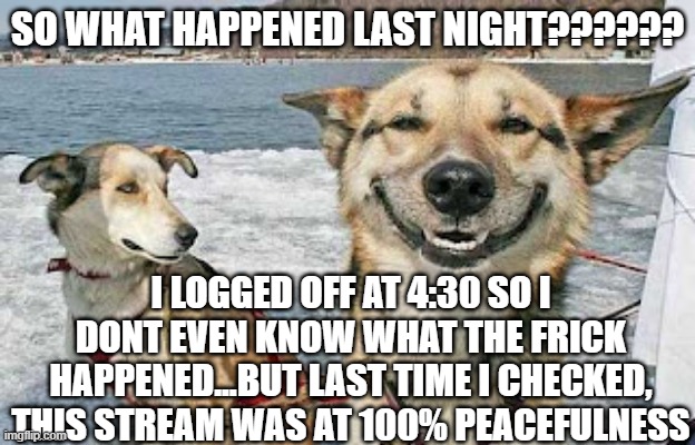 what happened? lol | SO WHAT HAPPENED LAST NIGHT?????? I LOGGED OFF AT 4:30 SO I DONT EVEN KNOW WHAT THE FRICK HAPPENED...BUT LAST TIME I CHECKED, THIS STREAM WAS AT 100% PEACEFULNESS | image tagged in memes,original stoner dog | made w/ Imgflip meme maker