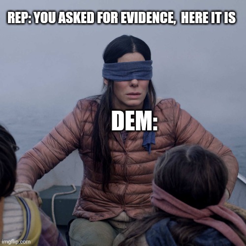 Politics and stuff | REP: YOU ASKED FOR EVIDENCE,  HERE IT IS; DEM: | image tagged in memes,bird box | made w/ Imgflip meme maker