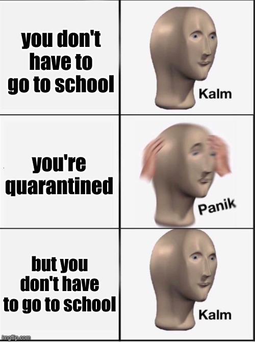Reverse kalm panik | you don't have to go to school; you're quarantined; but you don't have to go to school | image tagged in reverse kalm panik | made w/ Imgflip meme maker