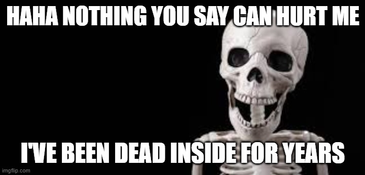 Laughing Skeleton | HAHA NOTHING YOU SAY CAN HURT ME I'VE BEEN DEAD INSIDE FOR YEARS | image tagged in laughing skeleton | made w/ Imgflip meme maker