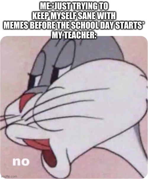 teachers cause my mental health problems | ME:*JUST TRYING TO KEEP MYSELF SANE WITH MEMES BEFORE THE SCHOOL DAY STARTS*
MY TEACHER: | image tagged in bugs bunny no | made w/ Imgflip meme maker