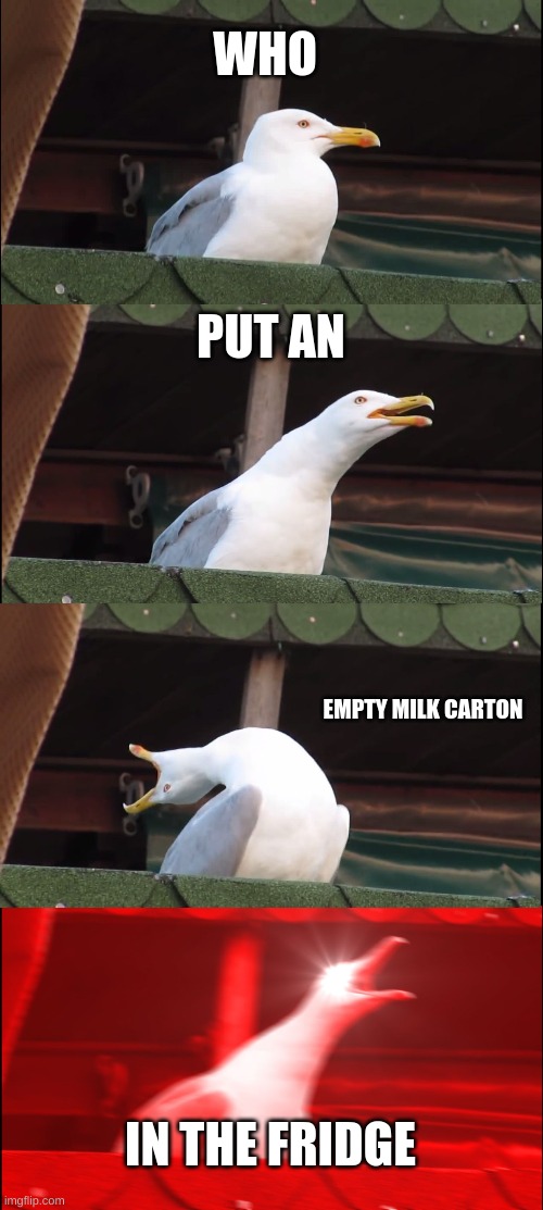 Inhaling Seagull | WHO; PUT AN; EMPTY MILK CARTON; IN THE FRIDGE | image tagged in memes,inhaling seagull | made w/ Imgflip meme maker