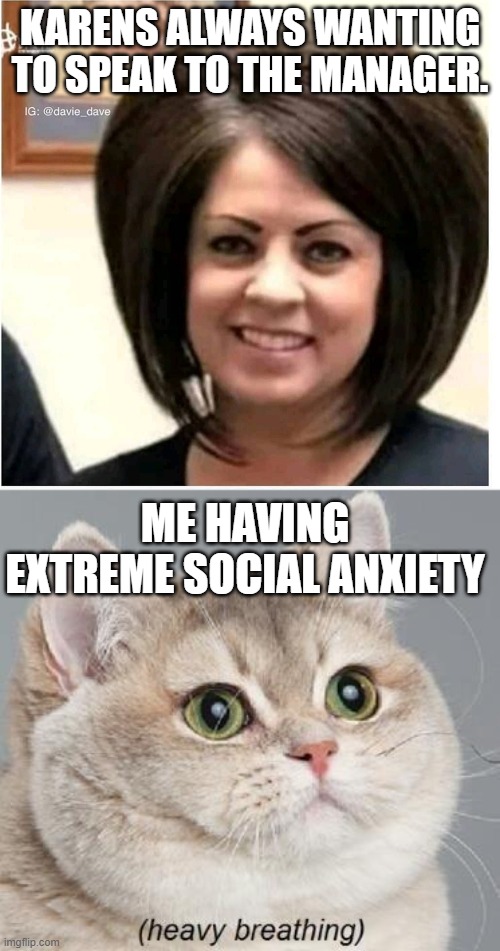 KARENS ALWAYS WANTING TO SPEAK TO THE MANAGER. ME HAVING EXTREME SOCIAL ANXIETY | image tagged in mega karen,memes,heavy breathing cat | made w/ Imgflip meme maker