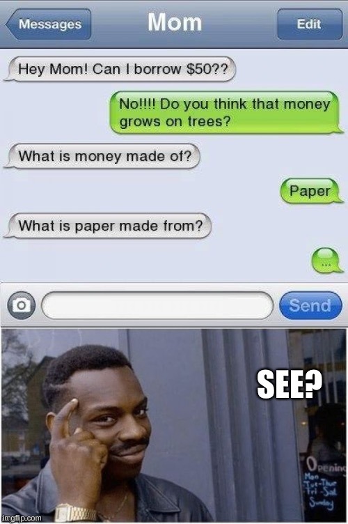 Outsmarted lol | image tagged in funny,mom,text,money tree's | made w/ Imgflip meme maker