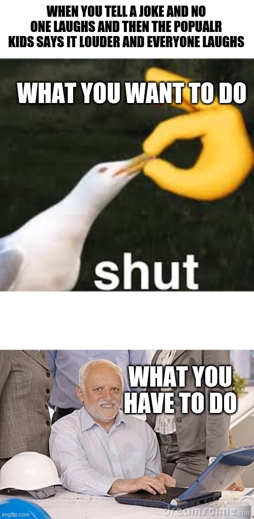 WHEN YOU TELL A JOKE AND NO ONE LAUGHS AND THEN THE POPUALR KIDS SAYS IT LOUDER AND EVERYONE LAUGHS; WHAT YOU WANT TO DO; WHAT YOU HAVE TO DO | image tagged in shut bird,harold's extreme internal pain | made w/ Imgflip meme maker