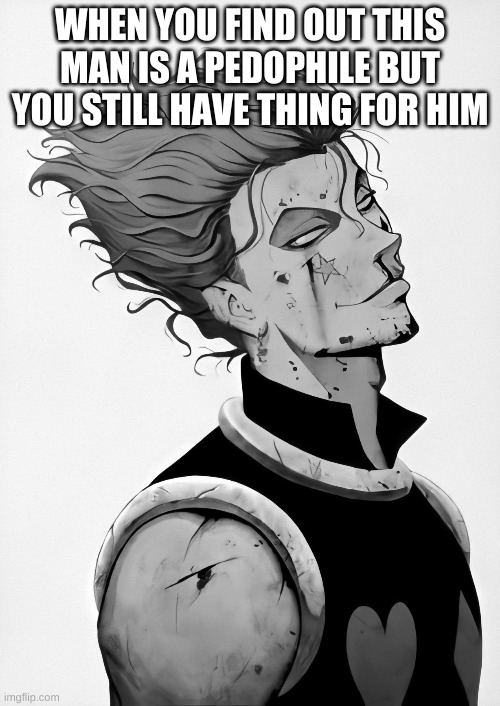 HE'S SO GORGEOUS! | WHEN YOU FIND OUT THIS MAN IS A PEDOPHILE BUT YOU STILL HAVE THING FOR HIM | image tagged in bloody hisoka | made w/ Imgflip meme maker