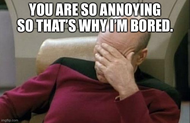 The bored man duh | YOU ARE SO ANNOYING SO THAT’S WHY I’M BORED. | image tagged in memes,captain picard facepalm | made w/ Imgflip meme maker