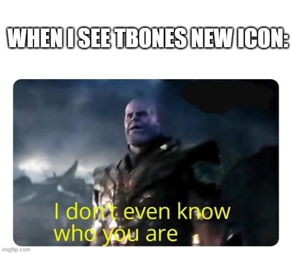 thanos I don't even know who you are | WHEN I SEE TBONES NEW ICON: | image tagged in thanos i don't even know who you are | made w/ Imgflip meme maker