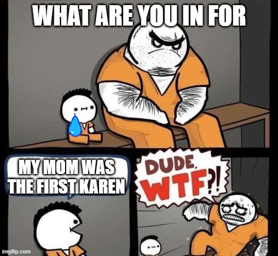 Dude wtf | WHAT ARE YOU IN FOR; MY MOM WAS THE FIRST KAREN | image tagged in dude wtf | made w/ Imgflip meme maker