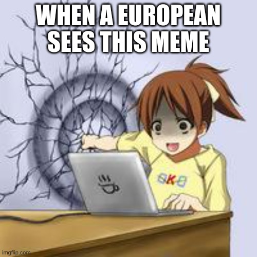 Anime wall punch | WHEN A EUROPEAN SEES THIS MEME | image tagged in anime wall punch | made w/ Imgflip meme maker