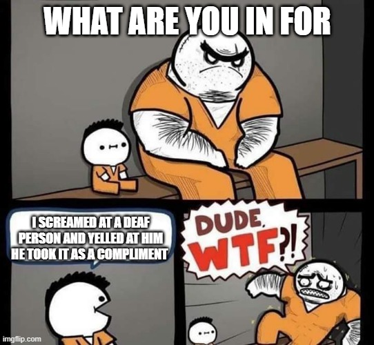 Dude wtf | WHAT ARE YOU IN FOR; I SCREAMED AT A DEAF PERSON AND YELLED AT HIM HE TOOK IT AS A COMPLIMENT | image tagged in dude wtf | made w/ Imgflip meme maker