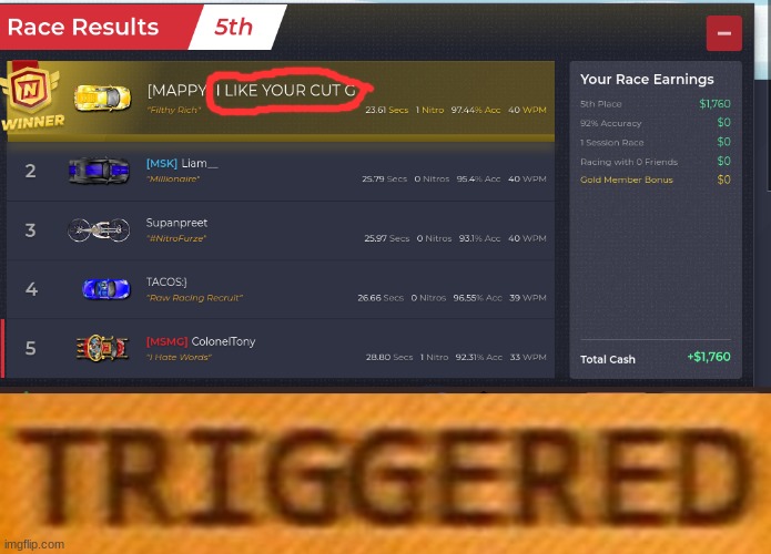I came in 5th b/c I was lagging | image tagged in triggered | made w/ Imgflip meme maker