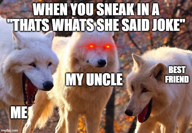 why is he here | WHEN YOU SNEAK IN A "THATS WHATS SHE SAID JOKE"; BEST FRIEND; MY UNCLE; ME | image tagged in the three wolves | made w/ Imgflip meme maker