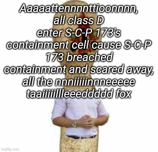 SCP 173 | Aaaaattennnnttioonnnn, all class D enter S-C-P 173's containment cell cause S-C-P 173 breached containment and scared away, all the nnniiiiinnneeeee taaiiiiillleeeddddd fox | image tagged in scp 173 | made w/ Imgflip meme maker