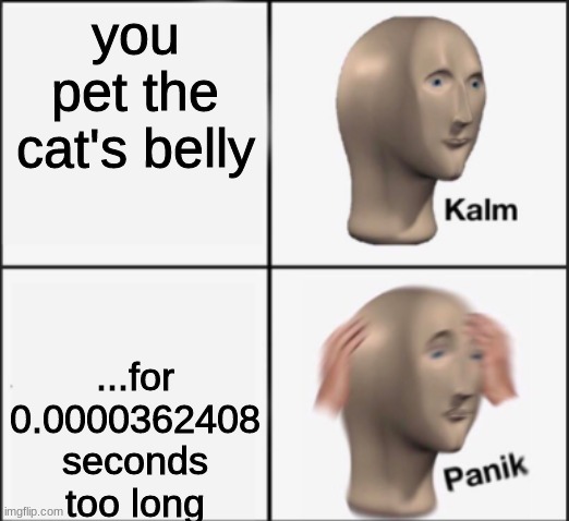 E N E M I E | you pet the cat's belly; ...for 0.0000362408 seconds too long | image tagged in kalm panik,cats | made w/ Imgflip meme maker