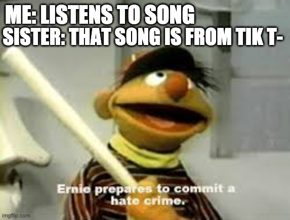 Ernie Prepares to commit a hate crime | SISTER: THAT SONG IS FROM TIK T-; ME: LISTENS TO SONG | image tagged in ernie prepares to commit a hate crime | made w/ Imgflip meme maker