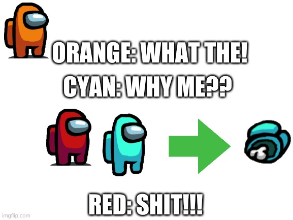 Blank White Template | ORANGE: WHAT THE! CYAN: WHY ME?? RED: SHIT!!! | image tagged in blank white template | made w/ Imgflip meme maker