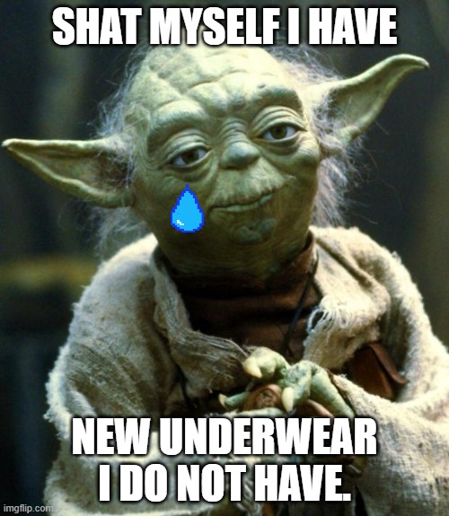 Star Wars Yoda Meme | SHAT MYSELF I HAVE; NEW UNDERWEAR I DO NOT HAVE. | image tagged in memes,star wars yoda | made w/ Imgflip meme maker