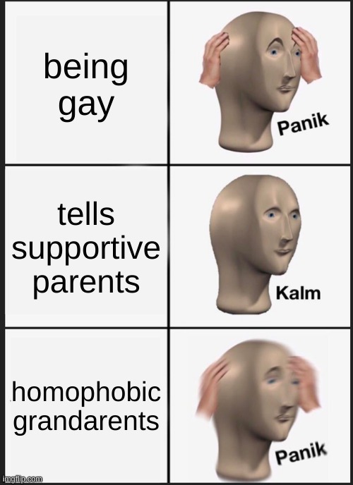 Panik Kalm Panik | being gay; tells supportive parents; homophobic grandarents | image tagged in memes,panik kalm panik | made w/ Imgflip meme maker