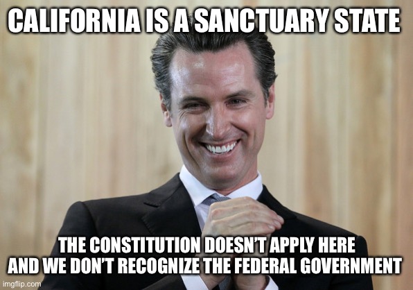 Scheming Gavin Newsom  | CALIFORNIA IS A SANCTUARY STATE THE CONSTITUTION DOESN’T APPLY HERE AND WE DON’T RECOGNIZE THE FEDERAL GOVERNMENT | image tagged in scheming gavin newsom | made w/ Imgflip meme maker