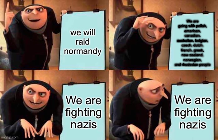 wowowoekds,sos,c,sjemei,maka k.Zlel? | We are going with polish, american, canadian, australian, belgian, czech, dutch, french, greek, new zealand, norwegian, and rhodesian people; we will raid normandy; We are fighting nazis; We are fighting nazis | image tagged in memes,gru's plan | made w/ Imgflip meme maker