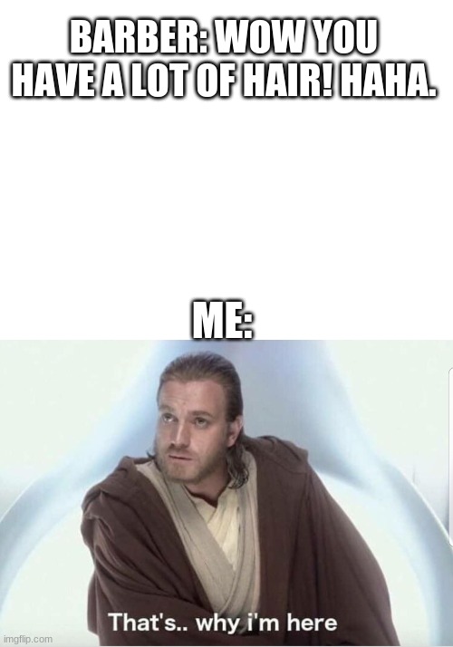 Barber | BARBER: WOW YOU HAVE A LOT OF HAIR! HAHA. ME: | image tagged in blank white template,obi wan that's why i'm here | made w/ Imgflip meme maker