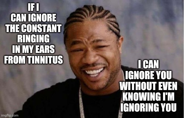 If You Have Tinnitus You Get It | IF I CAN IGNORE THE CONSTANT RINGING IN MY EARS FROM TINNITUS; I CAN IGNORE YOU WITHOUT EVEN KNOWING I'M IGNORING YOU | image tagged in memes,yo dawg heard you,tinnitus,wait what,excuse me what the heck,if you know what i mean bean | made w/ Imgflip meme maker