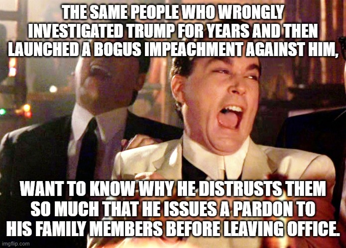 These are the SAME people who don't want the voter fraud to be investigated: | THE SAME PEOPLE WHO WRONGLY INVESTIGATED TRUMP FOR YEARS AND THEN LAUNCHED A BOGUS IMPEACHMENT AGAINST HIM, WANT TO KNOW WHY HE DISTRUSTS THEM SO MUCH THAT HE ISSUES A PARDON TO HIS FAMILY MEMBERS BEFORE LEAVING OFFICE. | image tagged in memes,good fellas hilarious | made w/ Imgflip meme maker