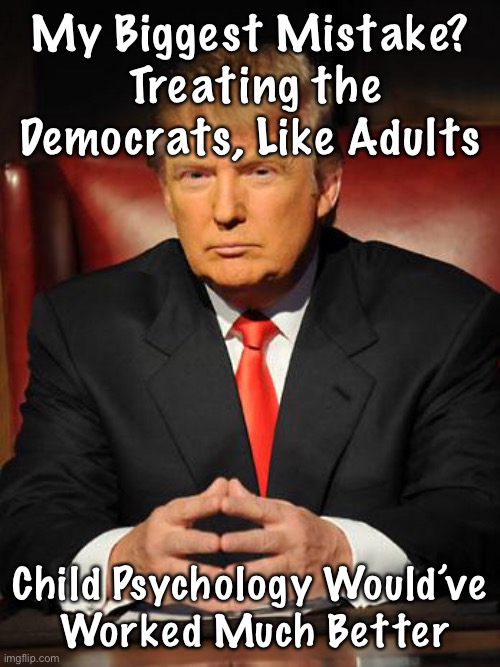 Serious Trump | My Biggest Mistake?  Treating the Democrats, Like Adults; Child Psychology Would’ve
 Worked Much Better | image tagged in serious trump | made w/ Imgflip meme maker