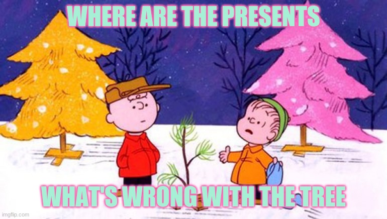charlie brown |  WHERE ARE THE PRESENTS; WHAT'S WRONG WITH THE TREE | image tagged in charlie brown christmas tree | made w/ Imgflip meme maker