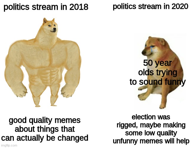 No virus spreading rallies or outdated memes will help you get your way. It's over, stop clogging the stream with garbage memes | politics stream in 2018; politics stream in 2020; 50 year olds trying to sound funny; good quality memes about things that can actually be changed; election was rigged, maybe making some low quality unfunny memes will help | image tagged in memes,buff doge vs cheems | made w/ Imgflip meme maker