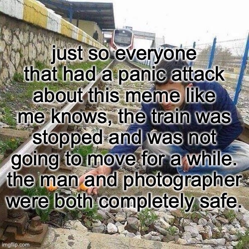 mods if u see this can u pick a random title | just so everyone that had a panic attack about this meme like me knows, the train was stopped and was not going to move for a while. the man and photographer were both completely safe. | image tagged in flower train man,fear | made w/ Imgflip meme maker