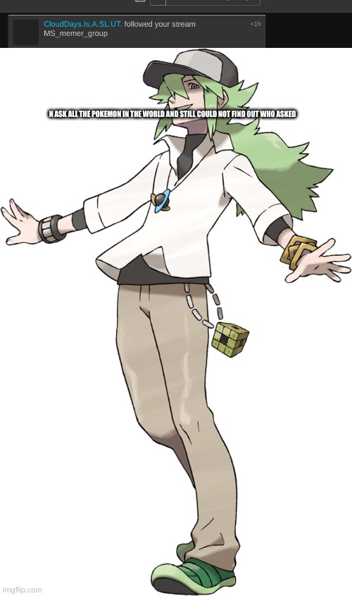 N ASK ALL THE POKEMON IN THE WORLD AND STILL COULD NOT FIND OUT WHO ASKED | image tagged in n | made w/ Imgflip meme maker