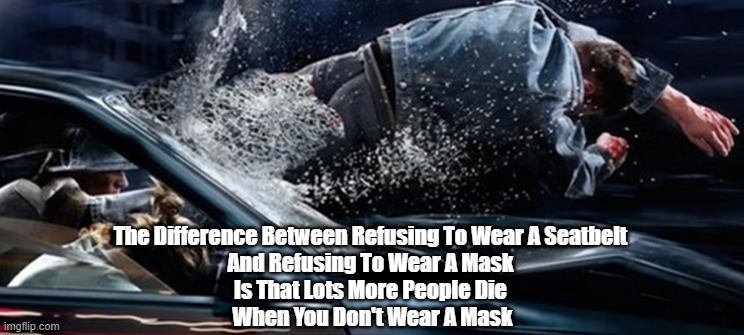 "The Difference Between Refusing To Wear A Seatbelt And Refusing To Wear A Mask" | The Difference Between Refusing To Wear A Seatbelt 
And Refusing To Wear A Mask 

Is That Lots More People Die 
When You Don't Wear A Mask | image tagged in seat belts,mask wearing | made w/ Imgflip meme maker
