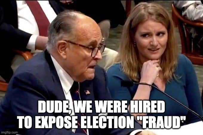 Fraud not Farts | DUDE, WE WERE HIRED TO EXPOSE ELECTION "FRAUD" | image tagged in rudy giuliani,farts | made w/ Imgflip meme maker