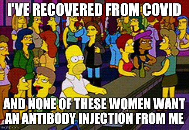 Covid antibody therapy | I’VE RECOVERED FROM COVID; AND NONE OF THESE WOMEN WANT AN ANTIBODY INJECTION FROM ME | image tagged in homer bar,covid-19,antibodies,bar pickup,memes | made w/ Imgflip meme maker