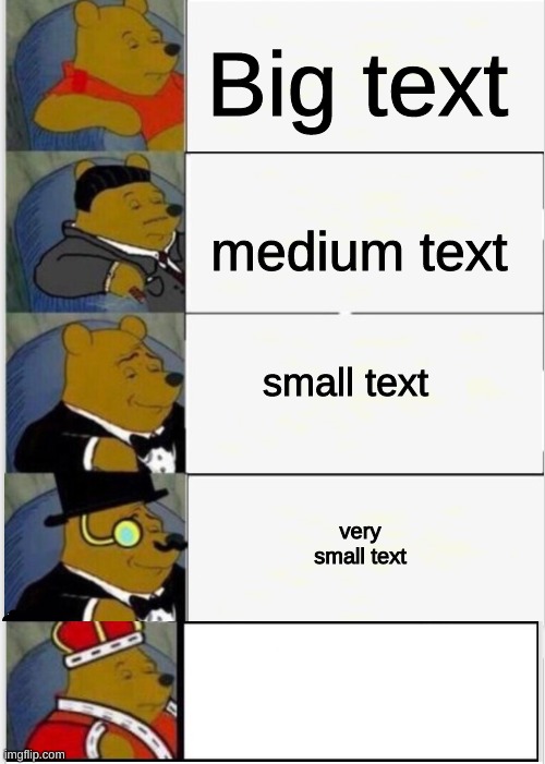 TEXT SIZES | Big text; medium text; small text; very small text | image tagged in whinnie the pooh fancy 5 | made w/ Imgflip meme maker