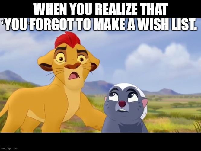 LOL | WHEN YOU REALIZE THAT YOU FORGOT TO MAKE A WISH LIST. | image tagged in lol,the lion guard,disney,christmas | made w/ Imgflip meme maker