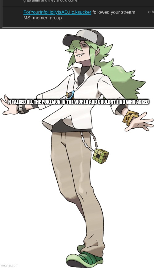 N TALKED ALL THE POKEMON IN THE WORLD AND COULDNT FIND WHO ASKED | image tagged in n | made w/ Imgflip meme maker