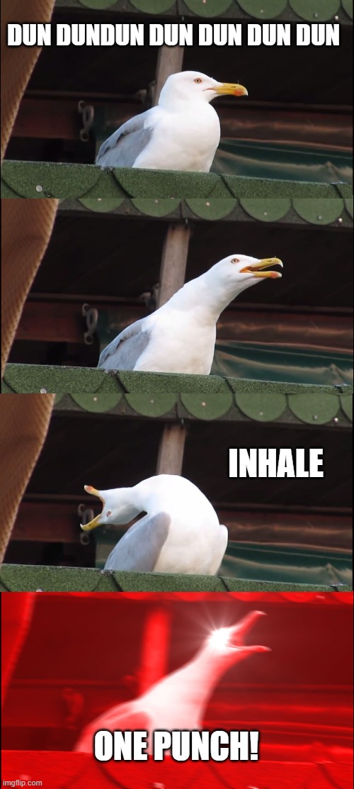 Inhaling Seagull | DUN DUNDUN DUN DUN DUN DUN; INHALE; ONE PUNCH! | image tagged in memes,inhaling seagull | made w/ Imgflip meme maker