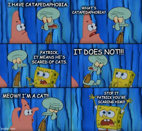 Catapedaphobia. | WHAT'S CATAPEDAPHOBIA? I HAVE CATAPEDAPHOBIA. PATRICK, IT MEANS HE'S SCARED OF CATS. IT DOES NOT!!! STOP IT PATRICK YOU'RE SCARING HIM!!! MEOW!! I'M A CAT!! | image tagged in stop it patrick you're scaring him correct text boxes | made w/ Imgflip meme maker