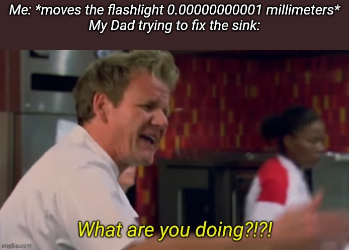 What are you doing | Me: *moves the flashlight 0.00000000001 millimeters*
My Dad trying to fix the sink: | image tagged in what are you doing | made w/ Imgflip meme maker