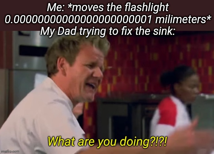 What are you doing | Me: *moves the flashlight 0.00000000000000000000001 milimeters*
My Dad trying to fix the sink: | image tagged in what are you doing,memes,funny memes | made w/ Imgflip meme maker