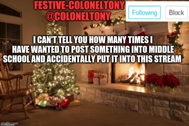 Festive ColonelTony Ancoument | I CAN'T TELL YOU HOW MANY TIMES I HAVE WANTED TO POST SOMETHING INTO MIDDLE SCHOOL AND ACCIDENTALLY PUT IT INTO THIS STREAM | image tagged in festive coloneltony ancoument | made w/ Imgflip meme maker