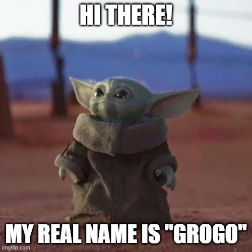 Baby Yoda | HI THERE! MY REAL NAME IS "GROGO" | image tagged in baby yoda | made w/ Imgflip meme maker